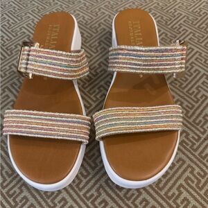 Italian Shoemakers Cream and Brown Sandals Flat Slip-On